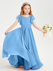 Chiffon Junior Bridesmaid Dresses with Lace Flutter Sleeves Blue