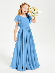 Chiffon Junior Bridesmaid Dresses with Lace Flutter Sleeves Blue