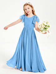 Chiffon Junior Bridesmaid Dresses with Lace Flutter Sleeves Blue