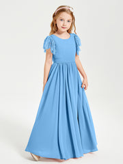 Chiffon Junior Bridesmaid Dresses with Lace Flutter Sleeves Blue
