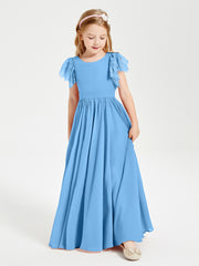 Chiffon Junior Bridesmaid Dresses with Lace Flutter Sleeves Blue