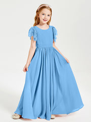 Chiffon Junior Bridesmaid Dresses with Lace Flutter Sleeves Blue