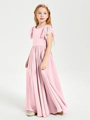 Chiffon Junior Bridesmaid Dresses with Lace Flutter Sleeves Blushing Pink