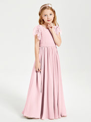 Chiffon Junior Bridesmaid Dresses with Lace Flutter Sleeves Blushing Pink