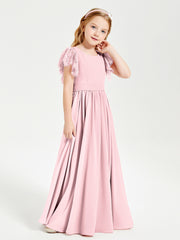 Chiffon Junior Bridesmaid Dresses with Lace Flutter Sleeves Blushing Pink