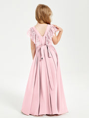 Chiffon Junior Bridesmaid Dresses with Lace Flutter Sleeves Blushing Pink