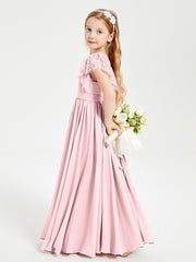 Chiffon Junior Bridesmaid Dresses with Lace Flutter Sleeves Blushing Pink