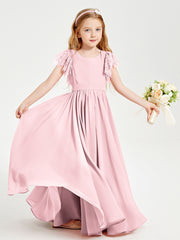 Chiffon Junior Bridesmaid Dresses with Lace Flutter Sleeves Blushing Pink