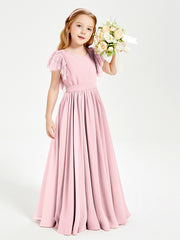 Chiffon Junior Bridesmaid Dresses with Lace Flutter Sleeves Blushing Pink