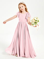 Chiffon Junior Bridesmaid Dresses with Lace Flutter Sleeves Blushing Pink