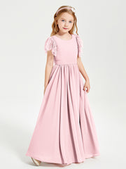 Chiffon Junior Bridesmaid Dresses with Lace Flutter Sleeves Blushing Pink