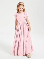 Chiffon Junior Bridesmaid Dresses with Lace Flutter Sleeves Blushing Pink