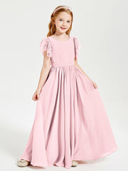 Chiffon Junior Bridesmaid Dresses with Lace Flutter Sleeves Blushing Pink