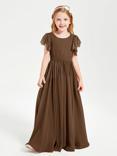 Chiffon Junior Bridesmaid Dresses with Lace Flutter Sleeves Brown