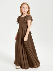 Chiffon Junior Bridesmaid Dresses with Lace Flutter Sleeves Brown