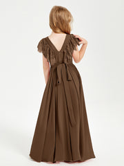 Chiffon Junior Bridesmaid Dresses with Lace Flutter Sleeves Brown