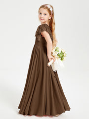 Chiffon Junior Bridesmaid Dresses with Lace Flutter Sleeves Brown