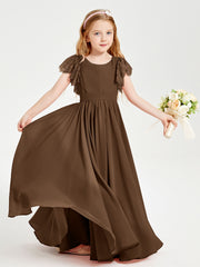 Chiffon Junior Bridesmaid Dresses with Lace Flutter Sleeves Brown