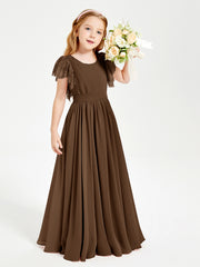 Chiffon Junior Bridesmaid Dresses with Lace Flutter Sleeves Brown
