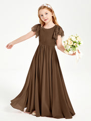 Chiffon Junior Bridesmaid Dresses with Lace Flutter Sleeves Brown
