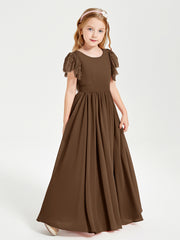 Chiffon Junior Bridesmaid Dresses with Lace Flutter Sleeves Brown