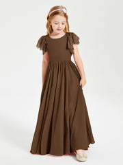 Chiffon Junior Bridesmaid Dresses with Lace Flutter Sleeves Brown