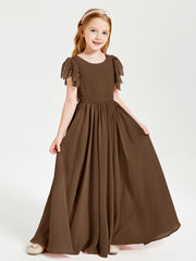 Chiffon Junior Bridesmaid Dresses with Lace Flutter Sleeves Brown