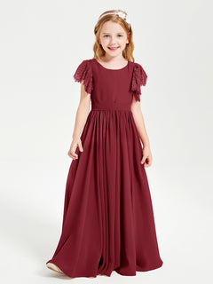 Chiffon Junior Bridesmaid Dresses with Lace Flutter Sleeves Burgundy