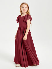 Chiffon Junior Bridesmaid Dresses with Lace Flutter Sleeves Burgundy