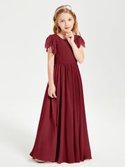 Chiffon Junior Bridesmaid Dresses with Lace Flutter Sleeves Burgundy
