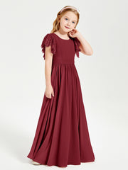 Chiffon Junior Bridesmaid Dresses with Lace Flutter Sleeves Burgundy