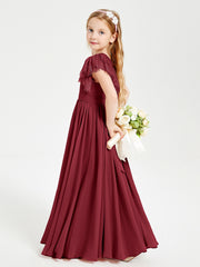 Chiffon Junior Bridesmaid Dresses with Lace Flutter Sleeves Burgundy