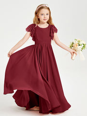 Chiffon Junior Bridesmaid Dresses with Lace Flutter Sleeves Burgundy