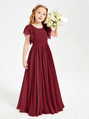 Chiffon Junior Bridesmaid Dresses with Lace Flutter Sleeves Burgundy