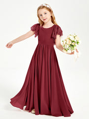 Chiffon Junior Bridesmaid Dresses with Lace Flutter Sleeves Burgundy