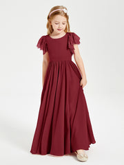 Chiffon Junior Bridesmaid Dresses with Lace Flutter Sleeves Burgundy