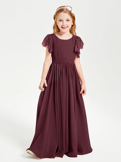 Chiffon Junior Bridesmaid Dresses with Lace Flutter Sleeves Cabernet