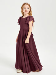 Chiffon Junior Bridesmaid Dresses with Lace Flutter Sleeves Cabernet