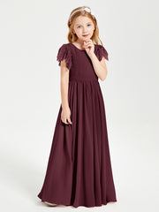 Chiffon Junior Bridesmaid Dresses with Lace Flutter Sleeves Cabernet