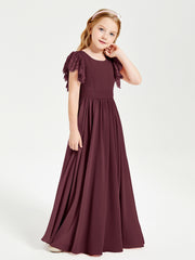 Chiffon Junior Bridesmaid Dresses with Lace Flutter Sleeves Cabernet