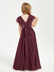 Chiffon Junior Bridesmaid Dresses with Lace Flutter Sleeves Cabernet