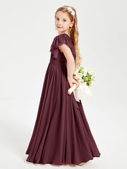 Chiffon Junior Bridesmaid Dresses with Lace Flutter Sleeves Cabernet