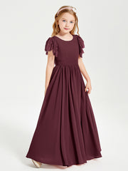 Chiffon Junior Bridesmaid Dresses with Lace Flutter Sleeves Cabernet