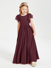 Chiffon Junior Bridesmaid Dresses with Lace Flutter Sleeves Cabernet