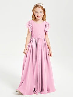 Chiffon Junior Bridesmaid Dresses with Lace Flutter Sleeves Candy Pink