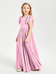 Chiffon Junior Bridesmaid Dresses with Lace Flutter Sleeves Candy Pink