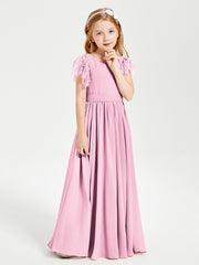 Chiffon Junior Bridesmaid Dresses with Lace Flutter Sleeves Candy Pink
