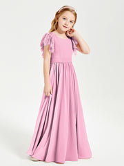 Chiffon Junior Bridesmaid Dresses with Lace Flutter Sleeves Candy Pink
