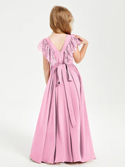 Chiffon Junior Bridesmaid Dresses with Lace Flutter Sleeves Candy Pink