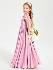 Chiffon Junior Bridesmaid Dresses with Lace Flutter Sleeves Candy Pink